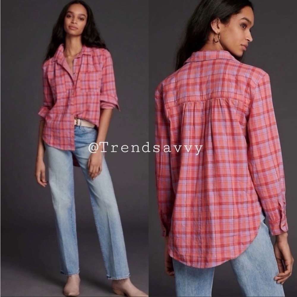 Anthropologie Pilcro The Romy Pink Purple Plaid Button Down Shirt Plus 14 Cotton